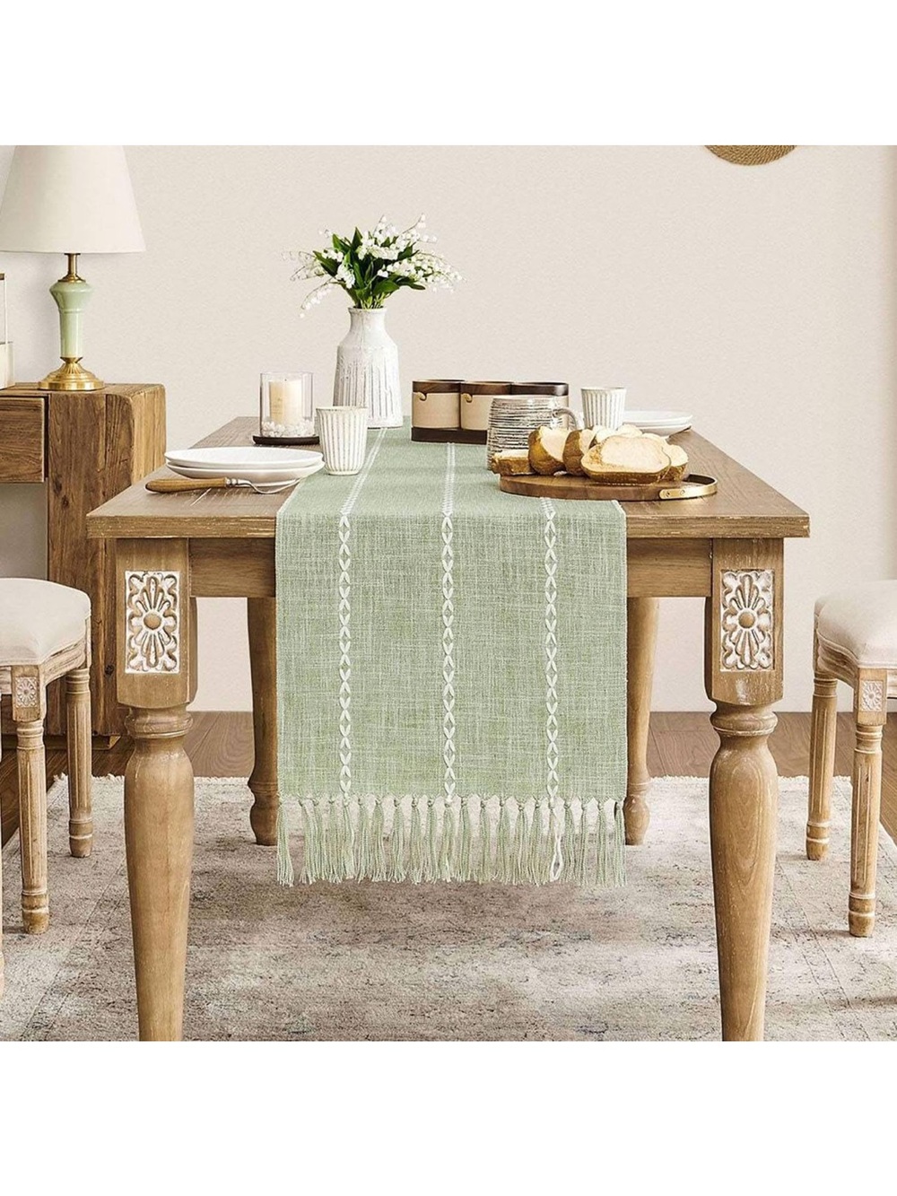 Light Green Fringe Table Runner with White Embroidery